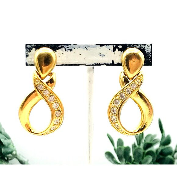 Vintage Style Gold-Tone Infinity Loop Crystal Earrings With Stud Backing & Clear - Picture 5 of 8